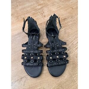 Free People Black Leather Studded Gladiator Sandals Gold Hardware Flat Size 7.5